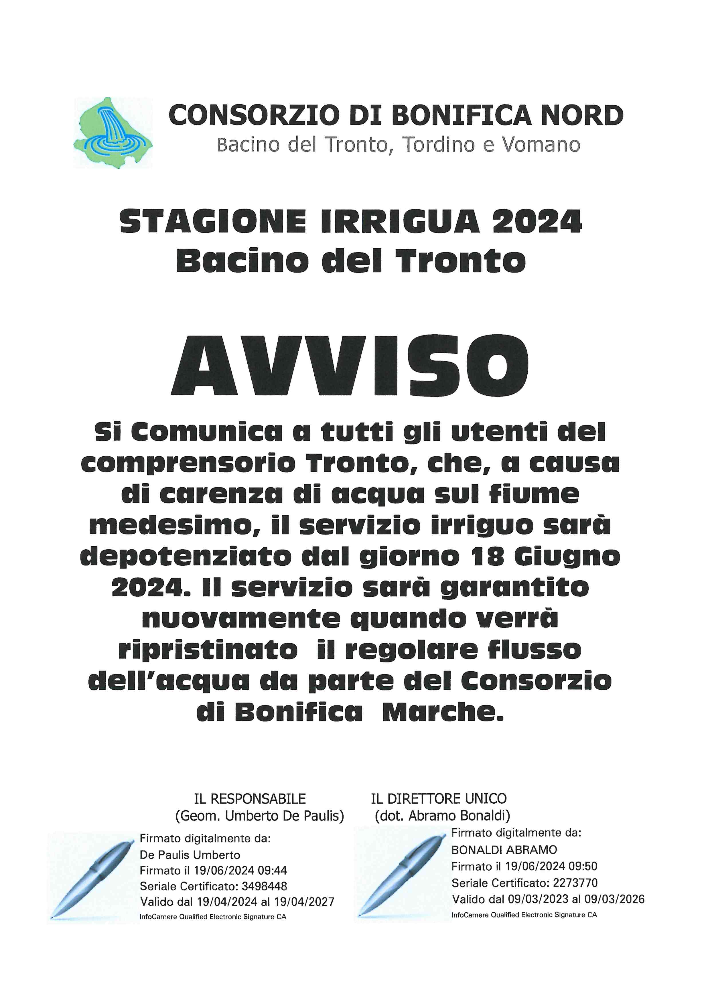 AVVISO STAGIONE IRRIGUA 2024 BACINO DEL TRONTO